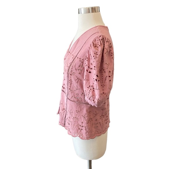 Eyelet Puff Sleeve Blouse Boho Feminine Liv Los Angeles Blush Mauve Pink - Picture 5 of 9